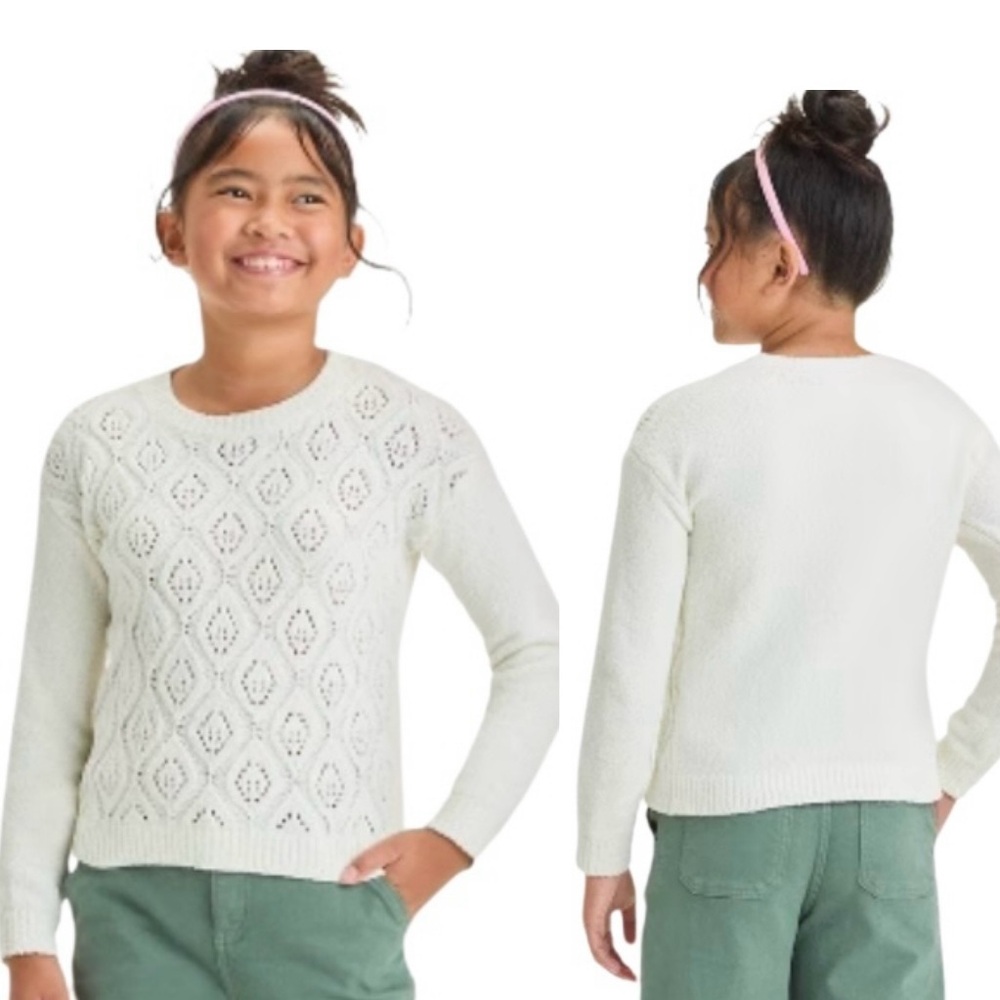 Cat & Jack Girls' Pullover Pointelle Sparkly Sweater‎ in Cream XL